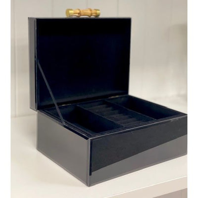 Black Glass Jewel Box w/Bamboo Handle