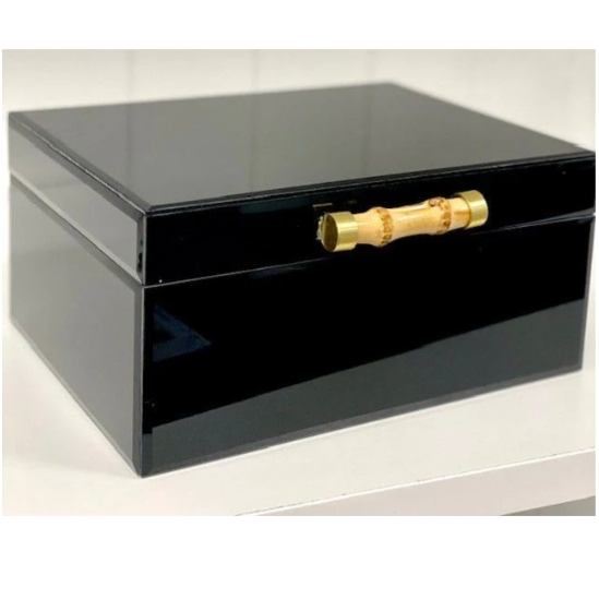 Black Glass Jewel Box w/Bamboo Handle