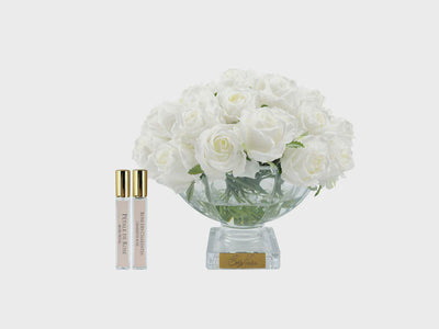 Luxury Centrepiece - 37 Rose Buds in Ivory White & Gold badge