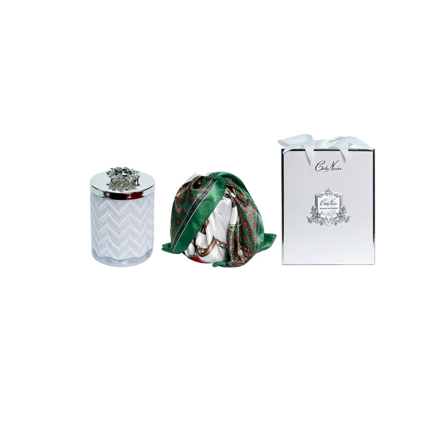 Belle Epoque scented Herringbone Candle with Scarf - White & Silver - Jewel Boxed Brooch