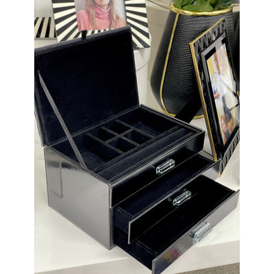 Black Glass Diamond Design Jewel Box 2 Drawers