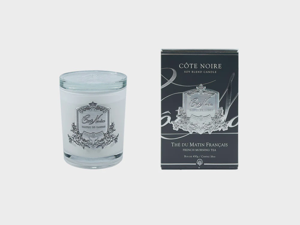 French Morning Tea - White Vessel -Silver Badge Candle 450ml