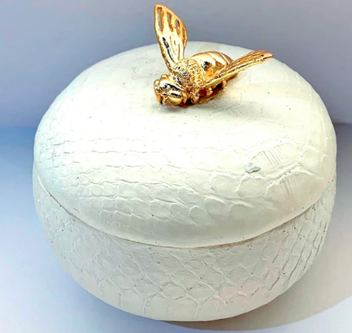 Textured Round Cream Decor Box Gold Bee